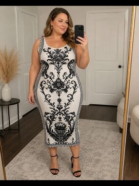 Sleeveless Black Baroque Greek Print Bodycon Dress White/Black Approx 14/16 New